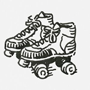 Black and white digital illustration of pair of childs roller skates