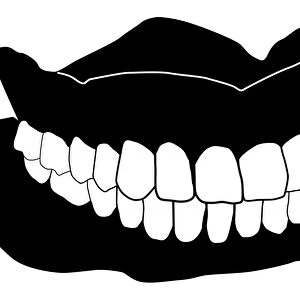 Black and white digital illustration of set of dentures with gold tooth amid white teeth
