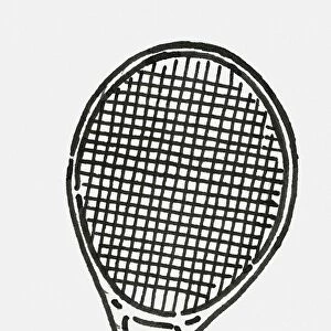 Black and white digital illustration of tennis racquet and two tennis balls