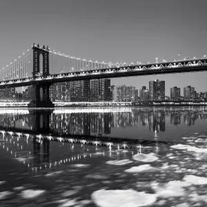 Black and White, Frozen East River, Manhattan Bridge, New York City, New York, America Black and White, Frozen East River, Manhattan Bridge, New York City, New York, America