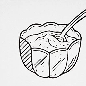 Black and white illustration of bowl of pudding with spoon