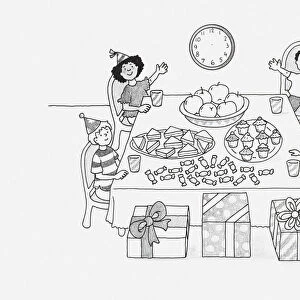 Black and white Illustration of children sitting around a table at birthday party