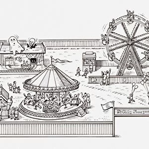 Black and white illustration of a fairground