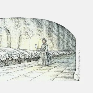 Black and white illustration of Florence Nightingale walking with lamp near beds of injured Soldiers