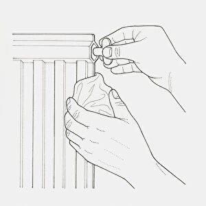 Black and white illustration of hands bleeding a radiator