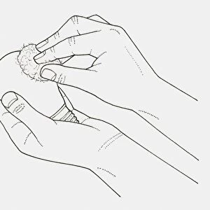 Black and white illustration of hands wiping a light bulb with cotton wool moistened with methylated spirit