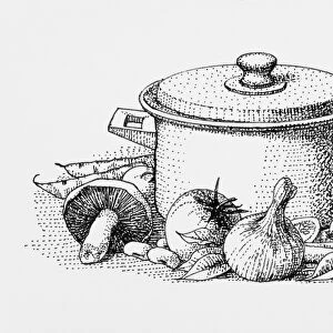 Black and white illustration of ingredients surrounding casserole dish