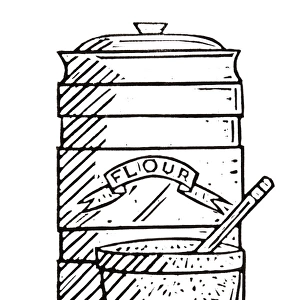 Black and white illustration of jar containing flour, mixing bowl and egg shells