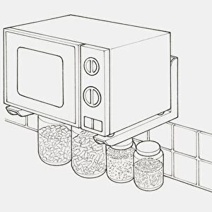 Black and white illustration of microwave mounted on wall with metal brackets, and jars of food underneath