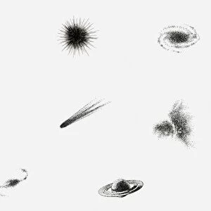 Black and white illustration of planets, stars, comets