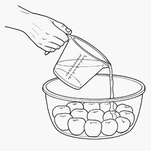 Black and white illustration of pouring fruit liqueur on poached apricots in glass bowl