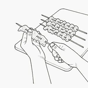 Black and white illustration of putting filleted fish on skewers