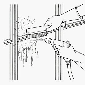 Black and white illustration of scrubbing mould from greenhouse window frame using water spray and b