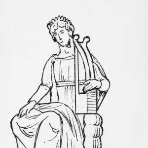 Black and white illustration of seated Greek god Apollo playing lyre