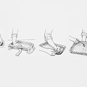 Black and white illustration sequence showing how roll and line a pastry dish