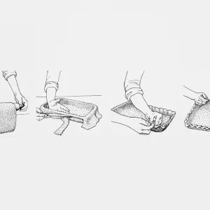 Black and white illustration sequence showing how roll and line a pastry dish