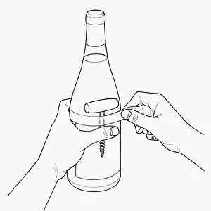 Black and white illustration of taping corkscrew to wine bottle