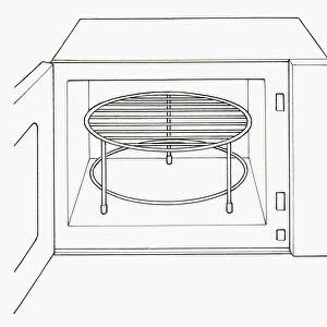 Black and white illustration of trivet inside open microwave