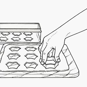 Black and white illustration using pastry cutter to cut shapes from pastry on chopping board