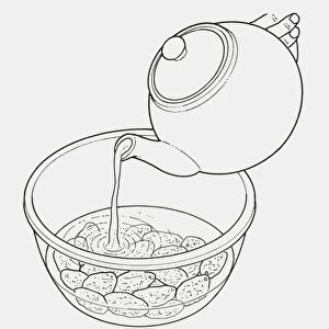 Black and white illustration of water being poured onto dried fruit in a bowl, to soak