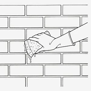 Black and white illustration of wearing washing up glove on hand to sponge brick wall