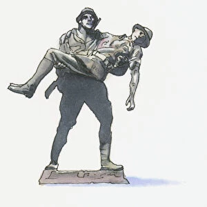 Black and white llustration of Mehmetcik Memorial, showing Turkish Soldier carrying an Australian Soldier, Gallipoli