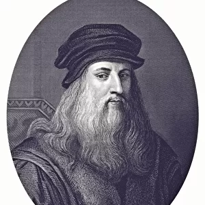 Black and white print portrait of Leonardo da Vinci