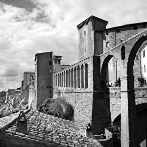 Black and white view of spectacular Medieval Pitigliano in Italy
