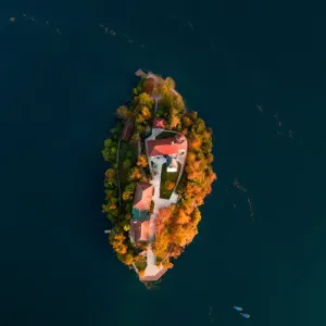 Bled Lake Print: Autumn Aerial View with Pilgrimage Church Bled Lake Print: Autumn Aerial View with Pilgrimage Church