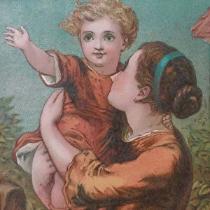 Blond girl in the arms of mother waving with hand