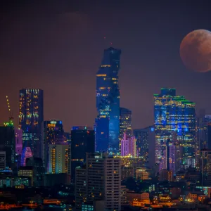 Bloody moon Bangkok night view with skyscrape