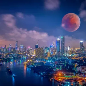 Bloody moon, Bangkok night view with skyscrape Bloody moon, Bangkok night view with skyscrape