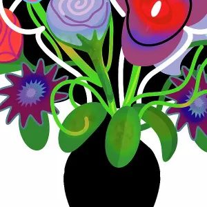 Blooming Abstract Flowers in Black Vase Vivid Color Illustration