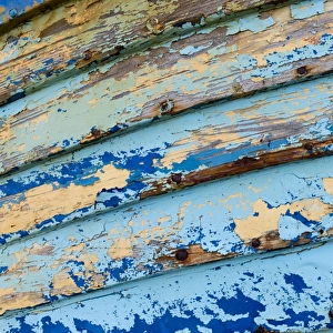 Blue and light blue peeling paint on an old fishing boat, Reykjanesskagi, Southern Peninsula or Reykjanes, Iceland