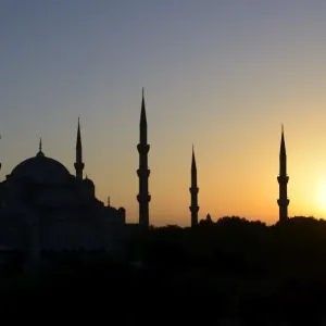 Blue Mosque, also Sultan Ahmed Mosque, Sultanahmet Camii, silhouetted at sunset, UNESCO World Heritage Site, European side, Istanbul, Turkey Blue Mosque, also Sultan Ahmed Mosque, Sultanahmet Camii, silhouetted at sunset, UNESCO World Heritage Site, European side, Istanbul, Turkey