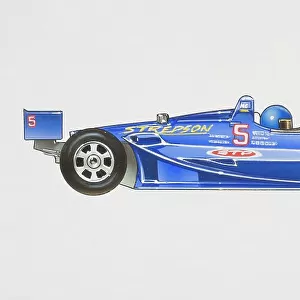 Blue motor-racing car with driver sitting in he front, side view
