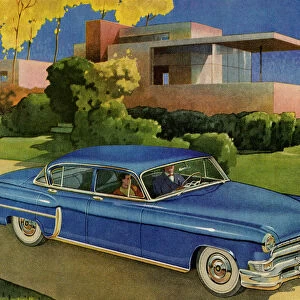 Blue Vintage Car In Front of House