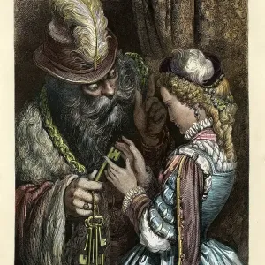 Bluebeard warning his wife not to open locked room, fairytale Bluebeard warning his wife not to open locked room, fairytale