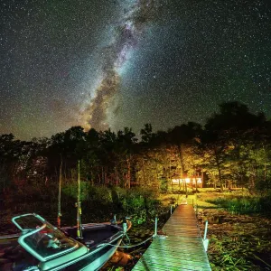 Boat Dock Milky Way Night Sky with Air Glow Dark Boat Dock Milky Way Night Sky with Air Glow Dark
