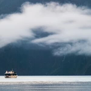 A boat explores Milford Sound