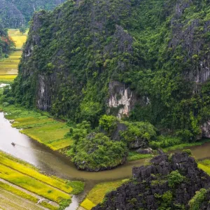Boats in River, View from Mountain, Vietnam Travel Boats in River, View from Mountain, Vietnam Travel