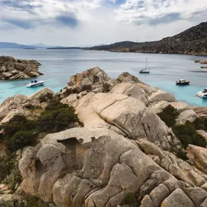 Boats in rocky cove, Maddalena Archipelago, Provincia di Olbia-Tempio, Italy