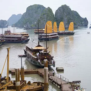 Boats and rocky islands in Vietnamese harbor