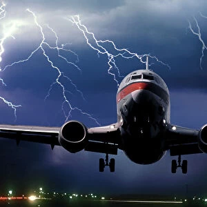 Boeing 737 airliner during takeoff with a lightning storm in the background