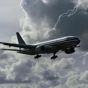 A Boeing 777 wide body airliner landing at Miami International Airport during a lightning storm A Boeing 777 wide body airliner landing at Miami International Airport during a lightning storm