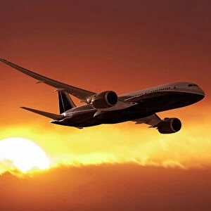 A Boeing 787-8 Dreamliner flying in a sunset