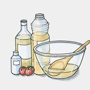 Bottles of olive oil, vegetable oil and coconut oil and two strawberries by a mixing bowl (making moisturiser)