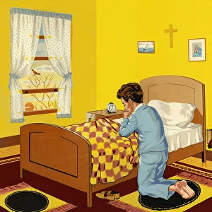 Boy Kneeling to Pray by Bed