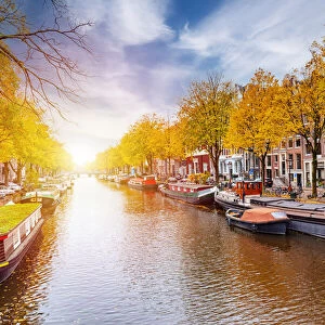 Bright sun in Herengracht canal in Amsterdam, Holland