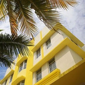 Bright yellow and white facade of residential building in Miami Beach, Miami, Florida